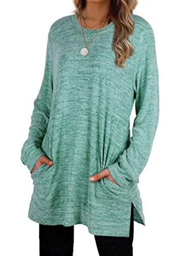 Title 5, Casual Loose Round Neck Pocket Long Sleeved Mid...