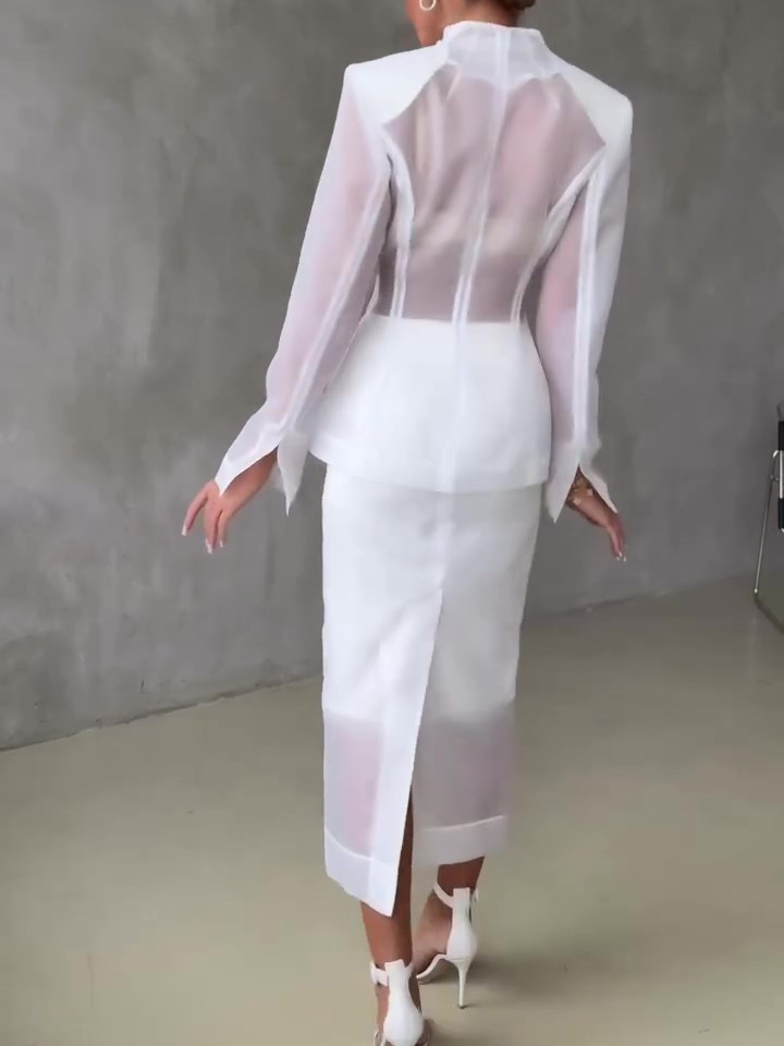 White Organza Tailored Blazer & Sheer Midi Skirt 2-Piece Set