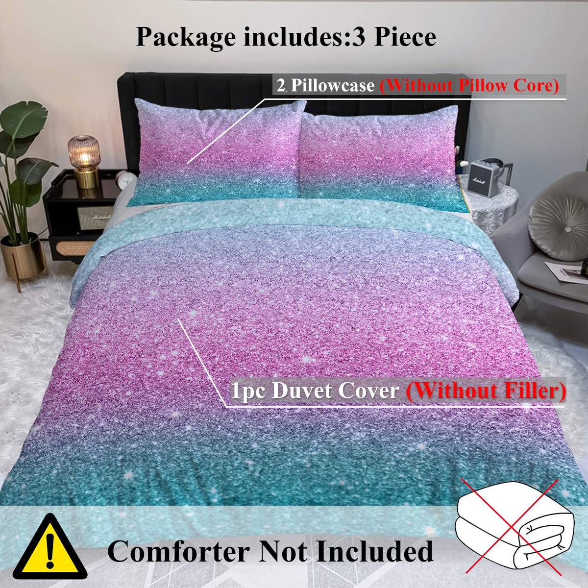 3 Pieces Colorful Glitter Bedding Sets For Girls Soft Microfiber 3D Gradient... 4