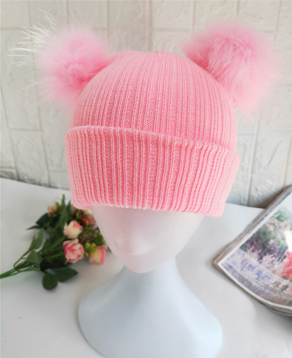 Knitted Contrast Color Double Ball Wool Beanie