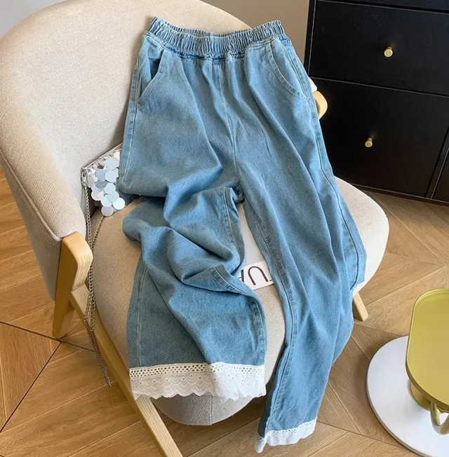 Sweet Style Elastic Waist Splicing Lace Lace Hollow Denim Nine point Pants For Women Blue - Shop at LoveMi