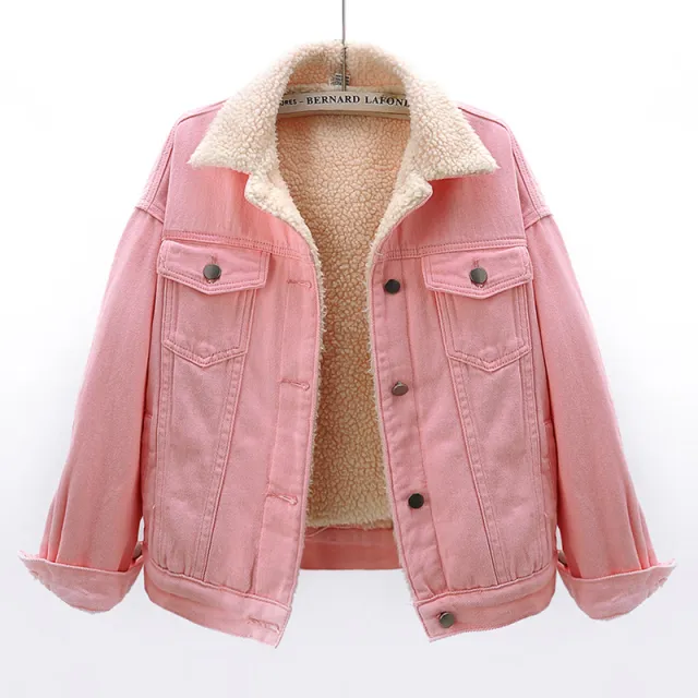 Lamb Wool Thickened Plus Velvet Denim Jacket Women Pink - Shop at LoveMi