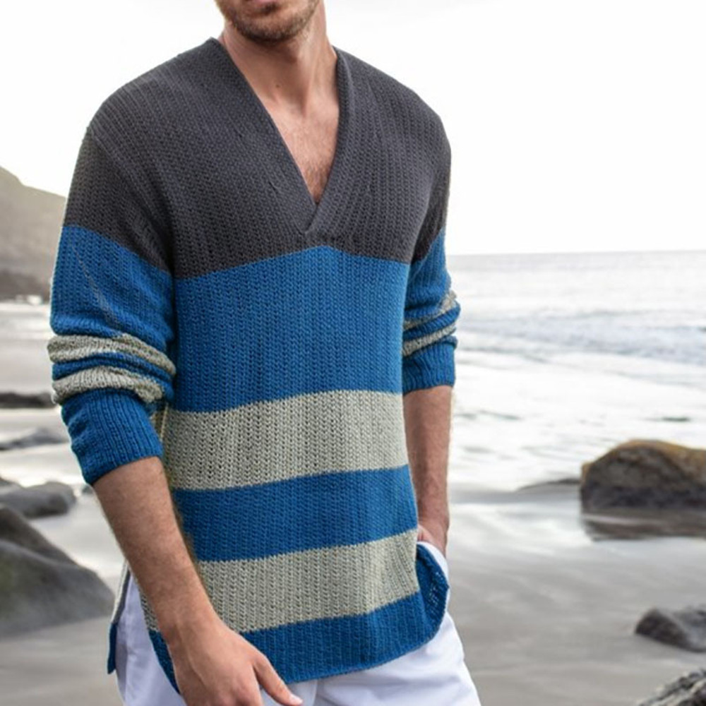 Men's Contrast Striped V-Neck Long Sleeve Thickened Sweater