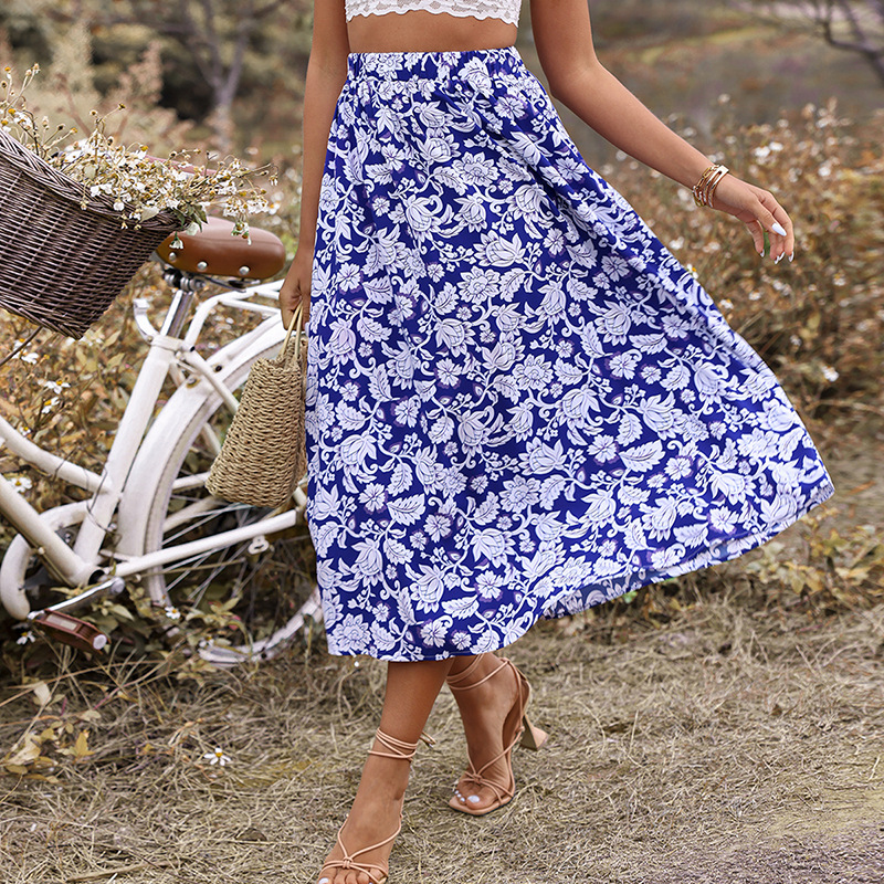 New Spring And Summer Style Bag Hip Print Elastic Waist Chiffon Midi Skirt