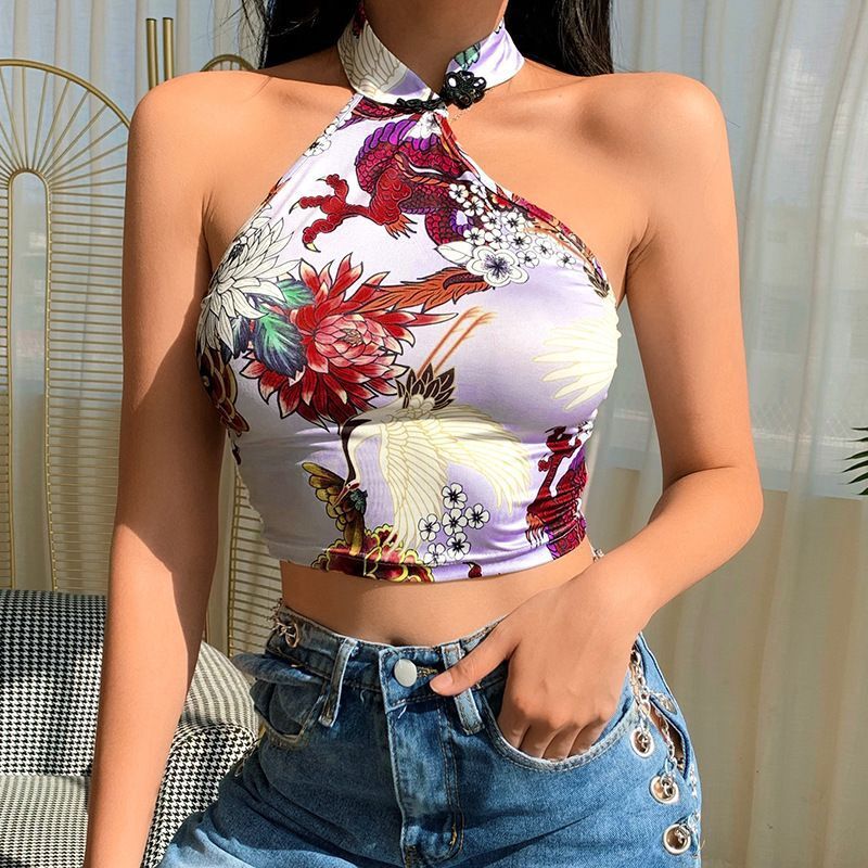 Title 1, Chinoiserie Printed Halter Neck Buttoned Sexy N...