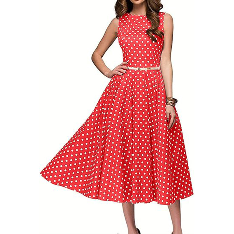 Women's Vintage Polka Dot Sleeveless Dress O-Neck Summer Cocktail Party Dress - Picture 10 of 10