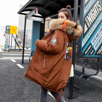 Mid length Large Fur Collar Down Coat Plus Size Korean Student Loose Padded Padded Jacket Women Caramel Color Hair - Shop at LoveMi