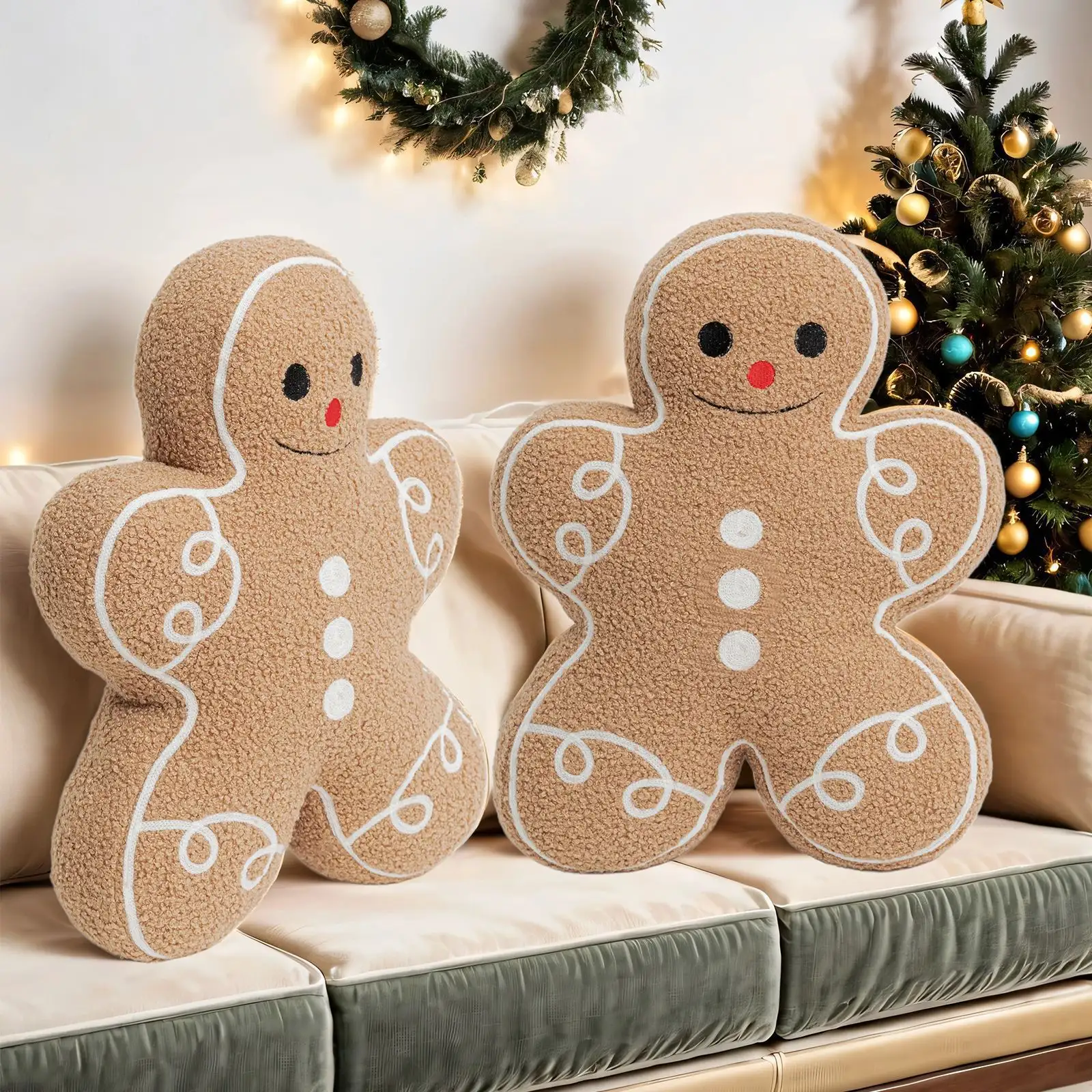 Gingerbread Man Merry Christmas Throw Pillow, Plush Teddy Xmas Gingerbread Shaped Pillows Christmas Decorative Pillow For Couch Living Room Bed, Beige,13 X 17 I