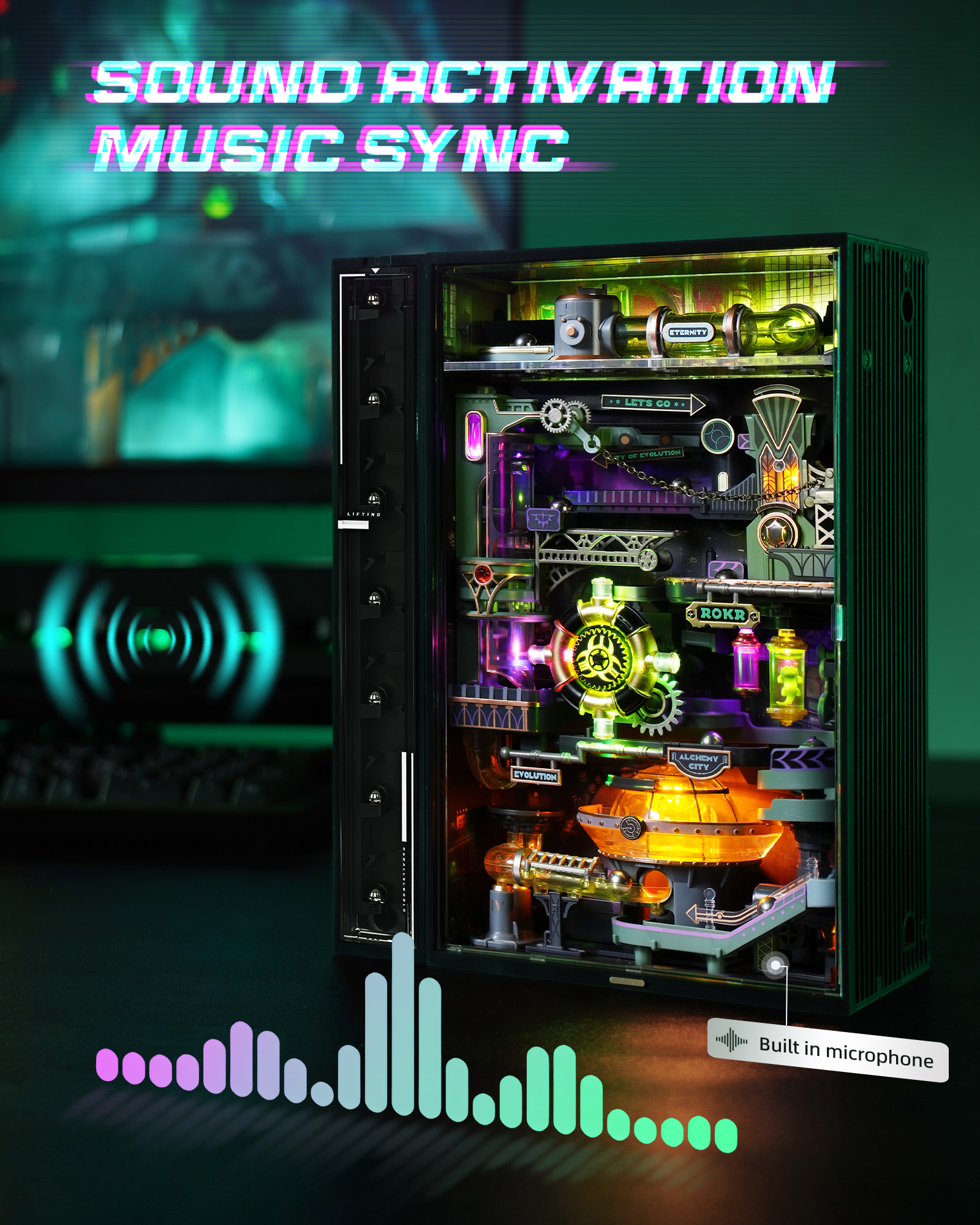 ROKR Parallel World Series - Alchemist's City Pinball Track Model MR04S - 3D Glowing Fantasy Track, Adult Cyberpunk Desktop Ornament, DIY Model Assembly Kit