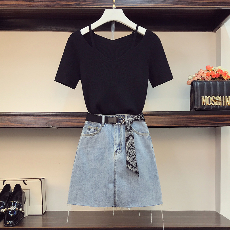 Ice Silk Knit Short-sleeved Top Denim Skirt Suit