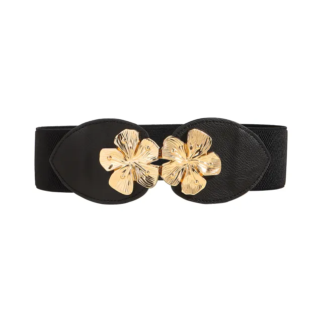 Women's Stretch Elastic Belt Floral Metal Buckle Wide Waist With Coat Skirt Black - Shop at LoveMi