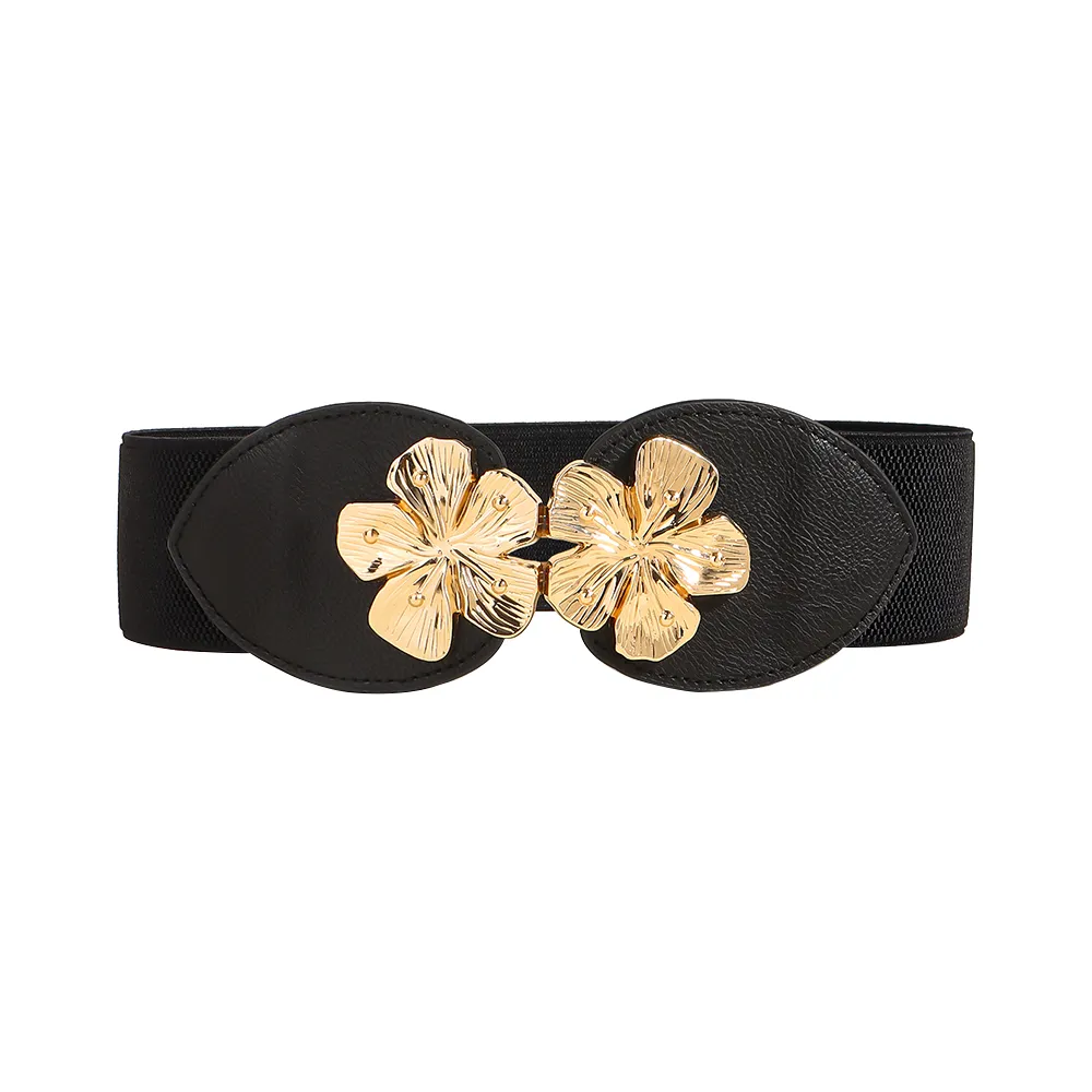 Women's Stretch Elastic Belt Floral Metal Buckle Wide Waist With Coat Skirt - Black