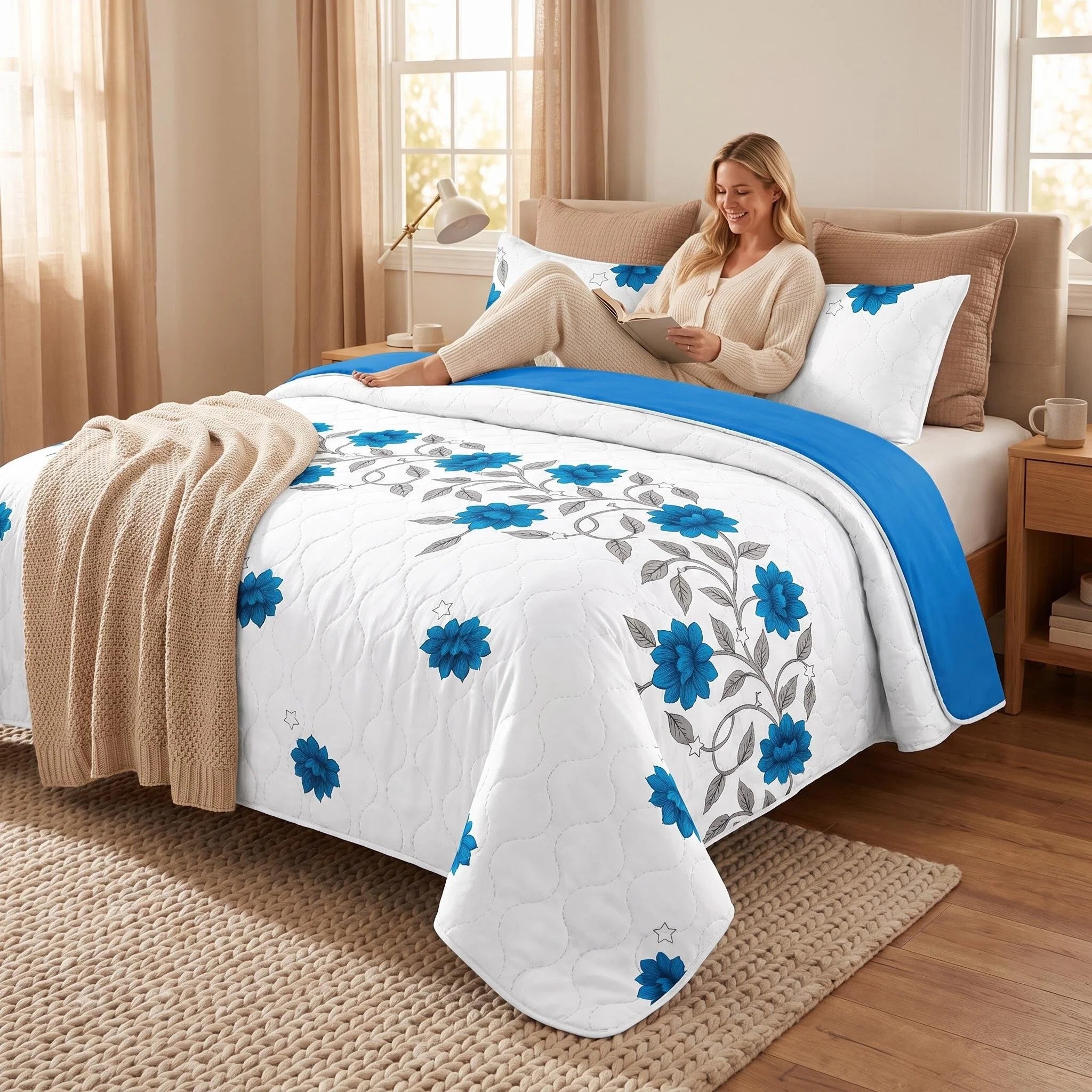 3-Piece Gray Blue Floral Vine Quilted Bedspread Set For King And California King