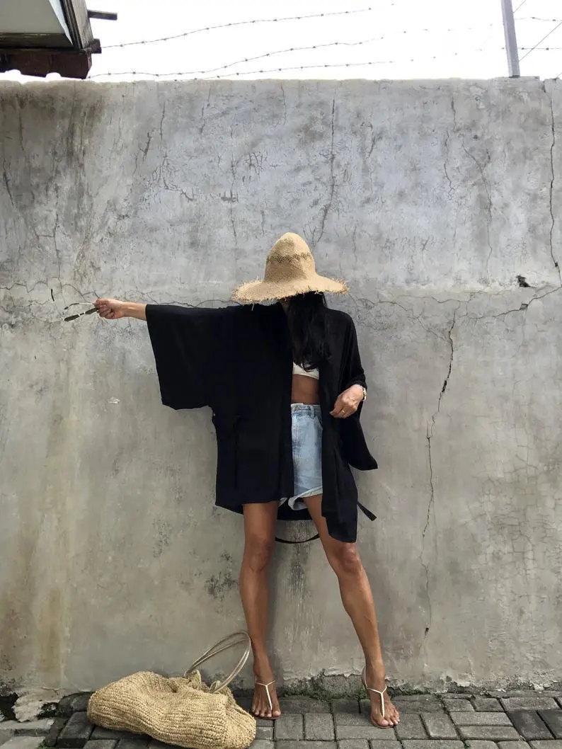 New Ladies Short Cardigan Casual Beach Sunscreen Shirt - Black