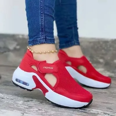Large Size Thick-soled Old Shoes Wedge Heel Velcro Casual Single Shoes Breathable Flying Woven Sneakers Women - Red