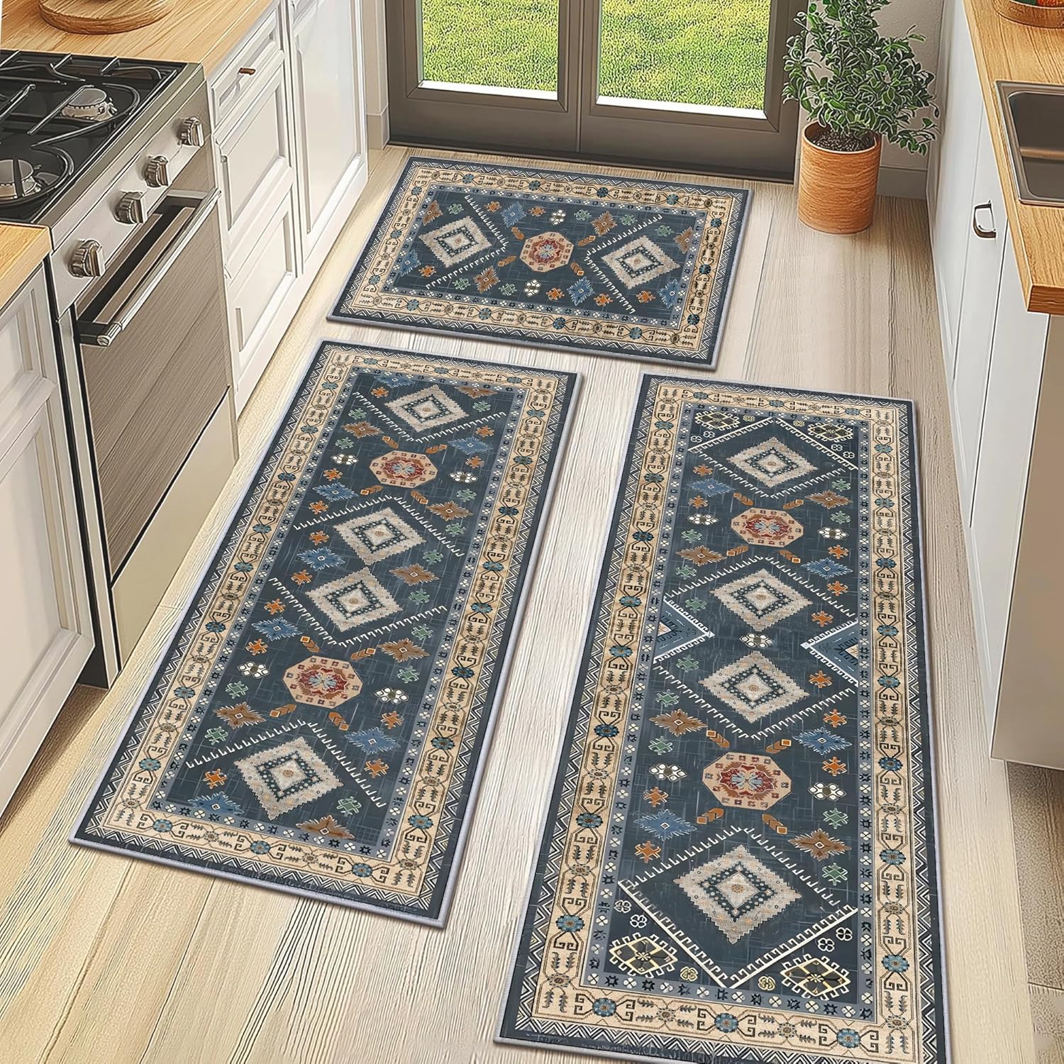 Washable Kitchen Rugs Set Of 3 Piece Non Slip Runner Set Boho Kitchen Runner Mat Decor Carpet For Hallway Laundry 4