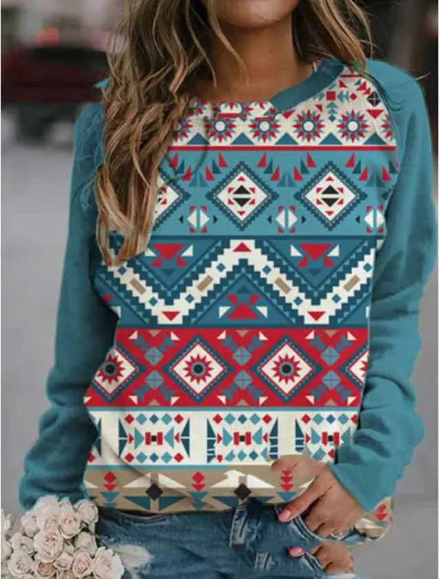 Fashion Urban Casual Round Neck Pullover Loose Print Long sleeved T shirt Women 1 Style L - Shop at LoveMi
