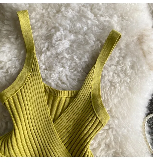 Vest V Neck With Solid Color High Waist Exposed Yellow - Shop at LoveMi