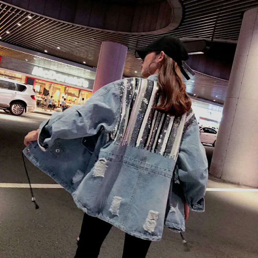 Striped Contrast Mid-length Denim Jacket