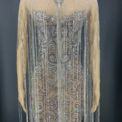 Short Rhinestone Fringed Diamond Cocktail Dress - Silver - View 1