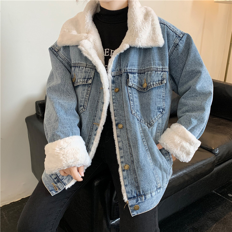 Loose Jacket Large Fur Collar Denim