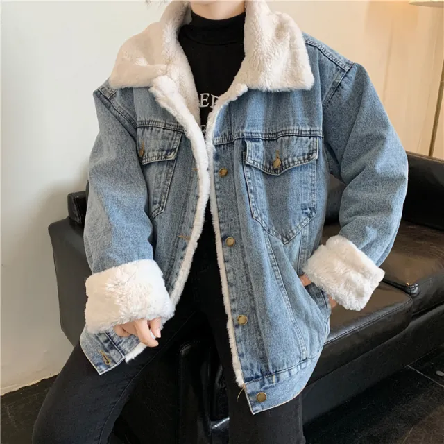Loose Jacket Large Fur Collar Denim Light Blue - Shop at LoveMi