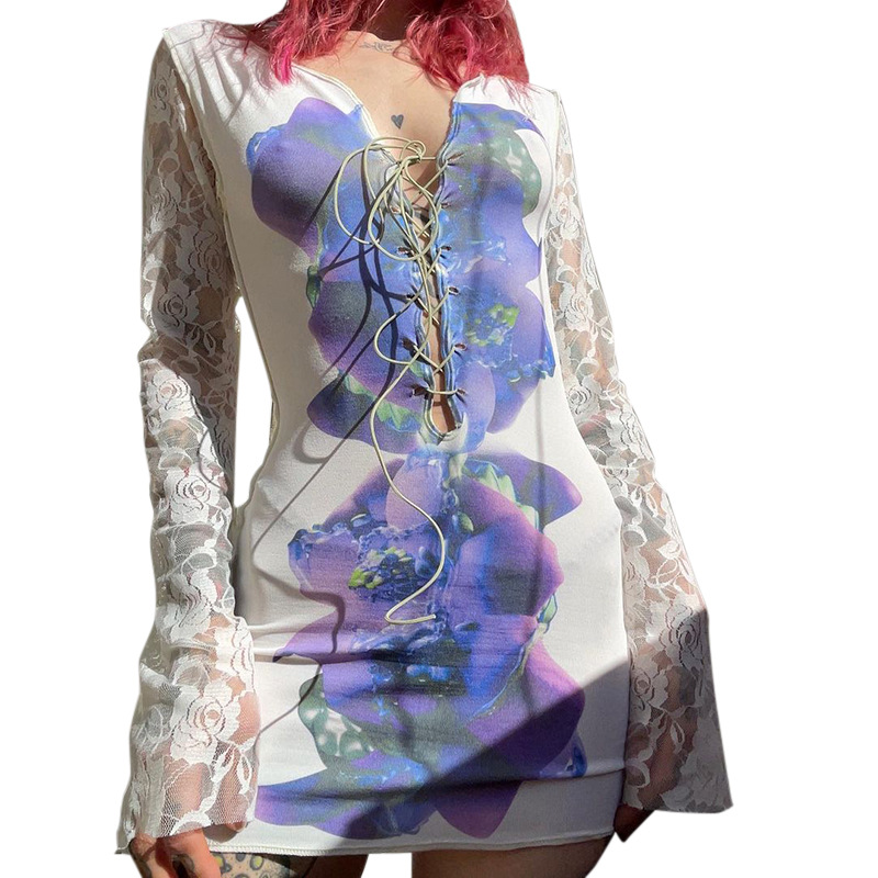 Long-sleeved Printed Lace-up Mesh High-waisted Women's Dress