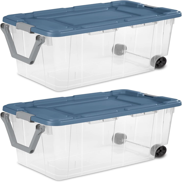160 Quart Durable Clear Storage Container With Latching Lid And Pull Handle, Blue, 2 Pack