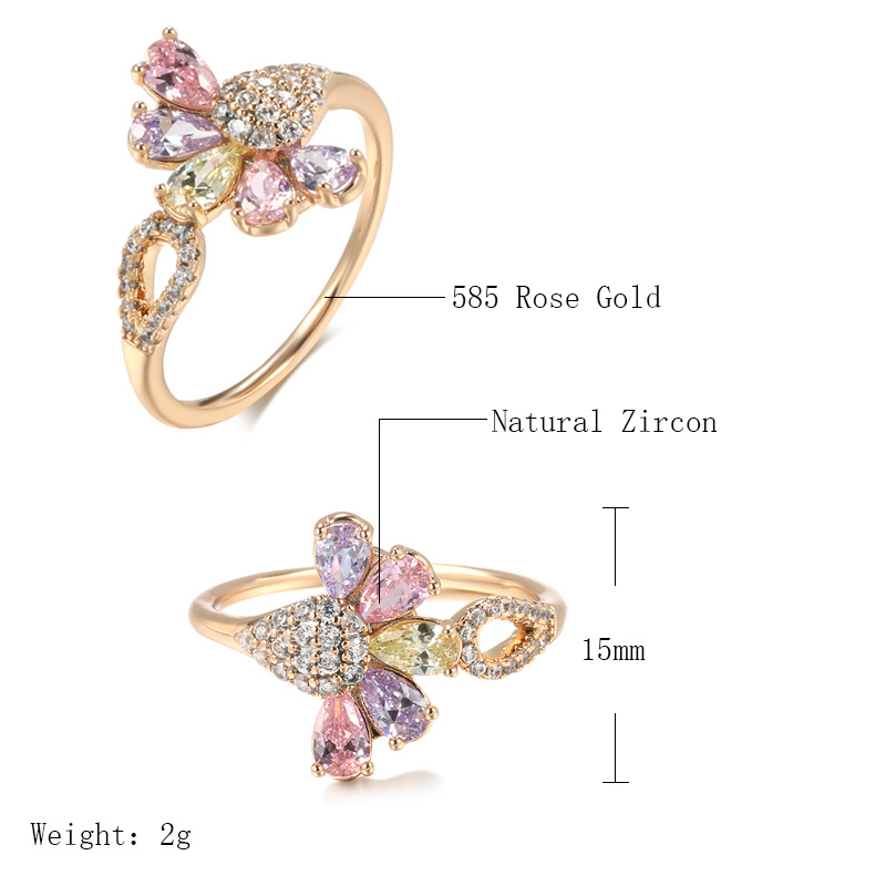 Rose Gold Ring Female Simple Small Petal Colorful Zircon Cross Border Jewelry