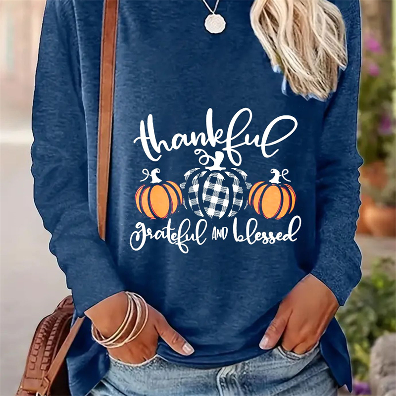 Spring And Autumn Women Casual Simple Pattern Printed Round Neck Long Sleeve T-shirt