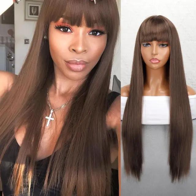 Net Celebrity Female Long Hair Air Bangs Black Long Straight Natural European And American Medium Long Hair Wig Head 15008230Style - Shop at LoveMi
