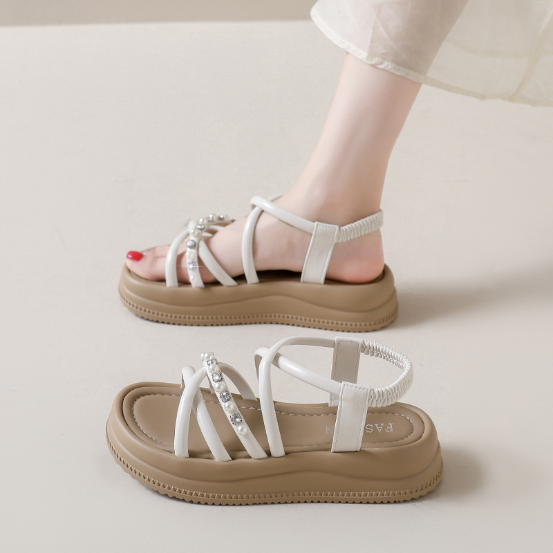 Women's Pearl Rhinestone Platform Wedge Sandals, Elastic Ankle Strap Open Toe Summer Shoes