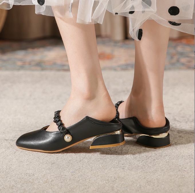 Vintage One Word Strap Square Toe Chunky Heel Ladies Shoes