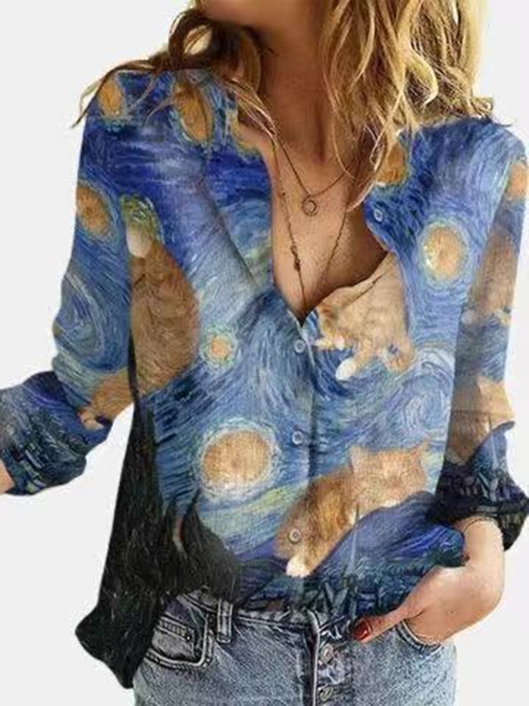 Title 9, Fashion Long-sleeved Lapel Digital Printed Shirt