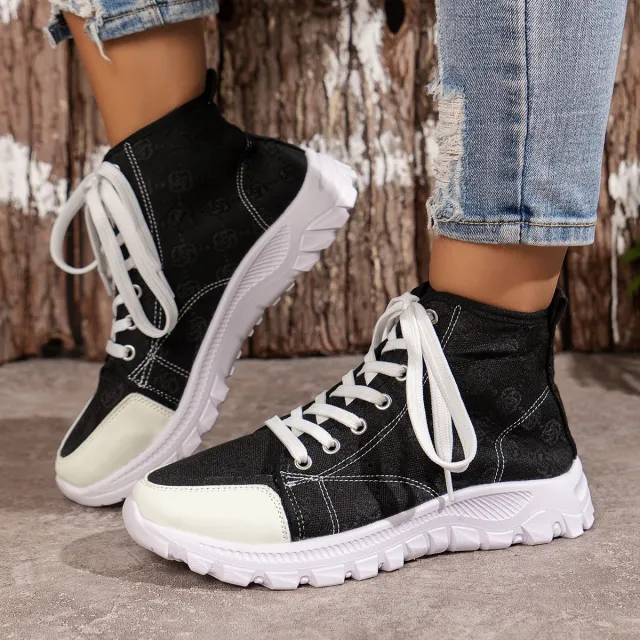 Rose printed Lace up Boots Fashion Breathable Canvas Shoes Sports Casual Non slip Thick soled Short Boot For Women Black - Shop at LoveMi
