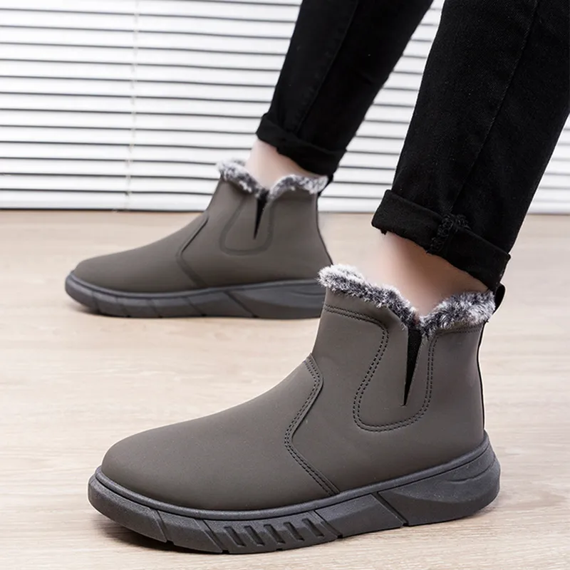 Winter Snow Boots Men V Cutout Shoes with Plush