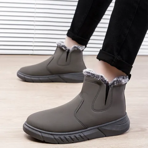 Winter Snow Boots Men V Cutout Shoes with Plush
