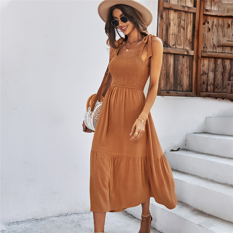 Women Summer Splicing Strap Solid Black Dress Orange - Shop at LoveMi
