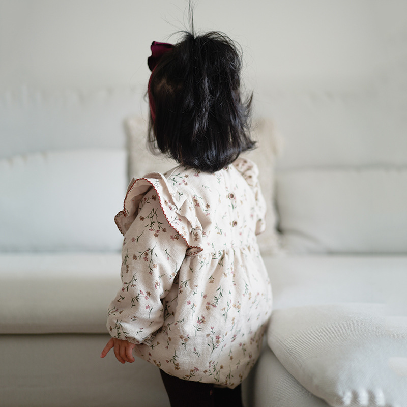 Girls Doll Collar Floral Long Sleeve Jumpsuit