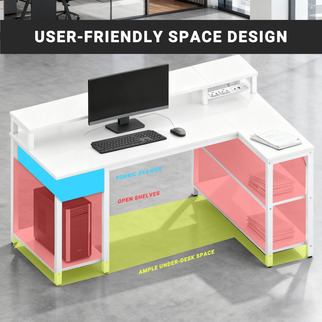 53-inch Gaming Table With USB Charging Port And LED Light, Reversible L-shaped Table With Power Socket And Monitor Stand image 18