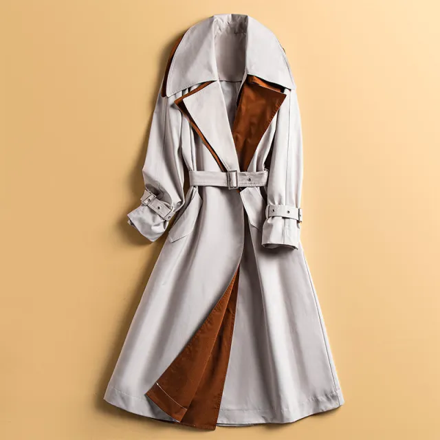 Loose Colorblock Temperament British Style Over the knee Coat Beige - Shop at LoveMi