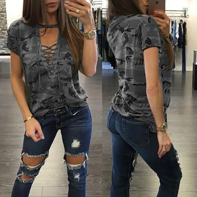 Camouflage Deep V-neck Low Cut Lace-up Short Sleeve Women's Top T-shirt