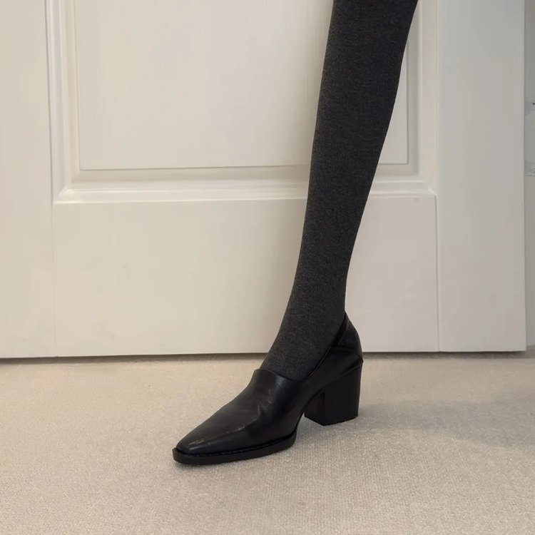 Women's Genuine Leather Block Heel Pointed Toe Deep Cut Pumps, European & Korean Minimalist Retro High Heels For Commute