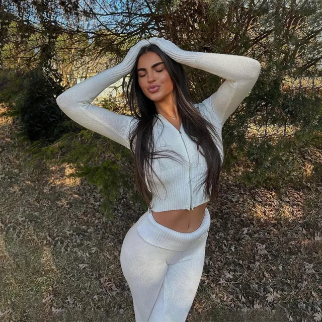 Knitted Hooded Suits Women's High Waist Long Sleeves Trousers Two piece Set White Suit - Shop at LoveMi