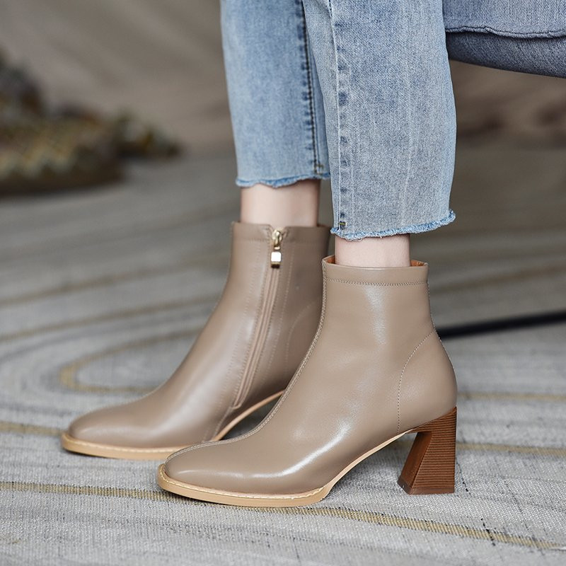 Square Toe High-heeled Women's Boots Plus Velvet Nude Short