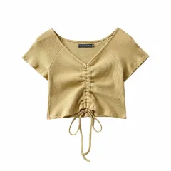 Summer New Style V-Neck Drawstring Exposed Umbilical Sexy Short-Sleeved Women - Khaki - View 1