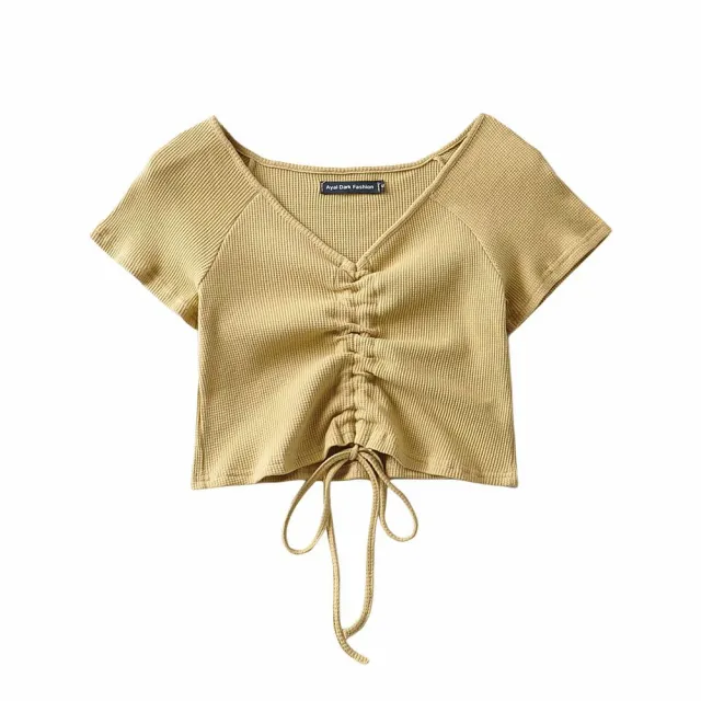 Summer New Style V Neck Drawstring Exposed Umbilical Sexy Short Sleeved Women Khaki - Shop at LoveMi