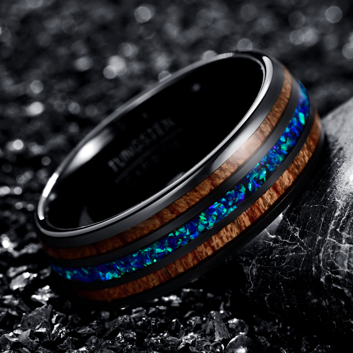 8mm Wide Black Two Acacia Wood Sapphire Blue Opal Tungsten Steel Ring