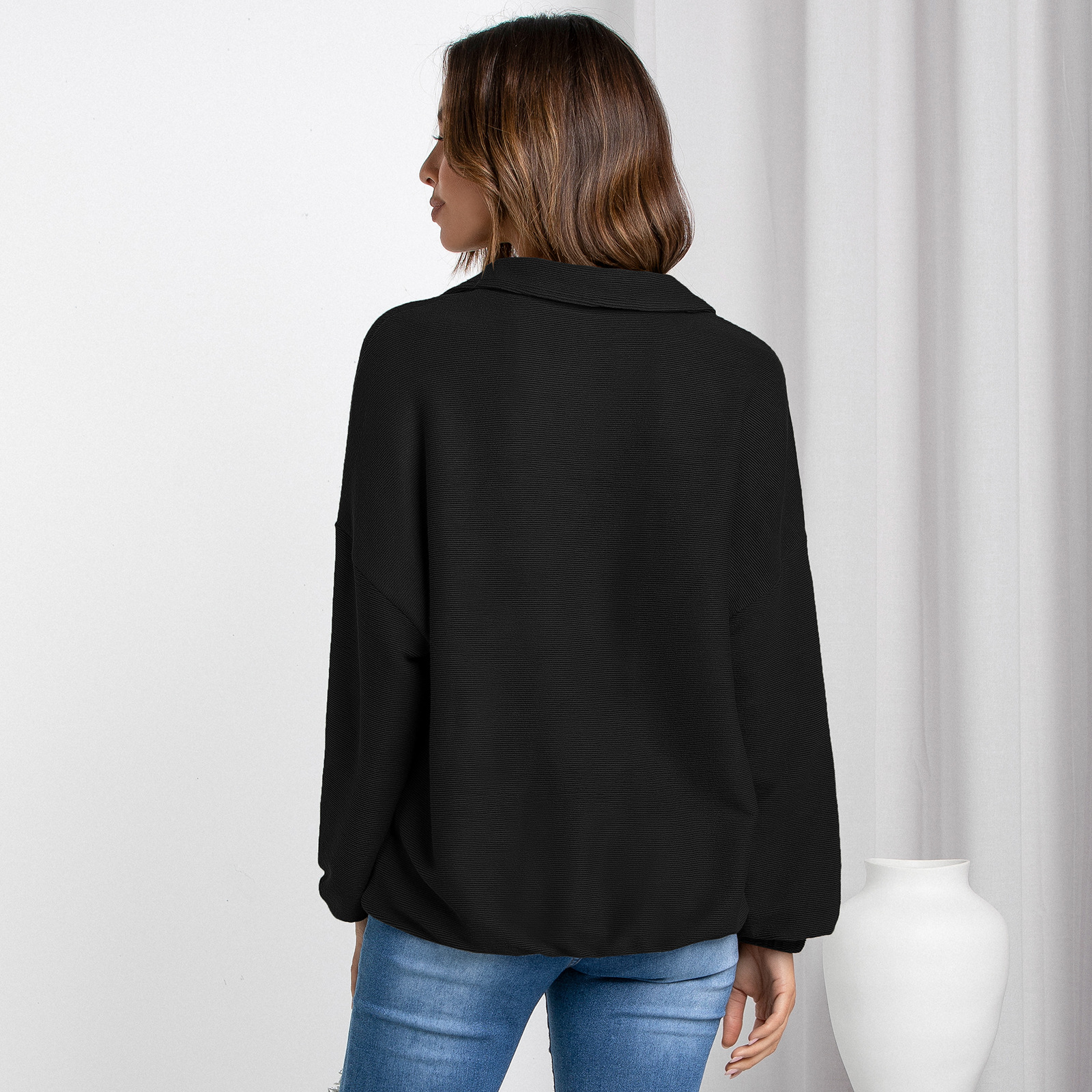 Women's Fashion Casual Pullover V-Neck Solid Color Loose Sweater