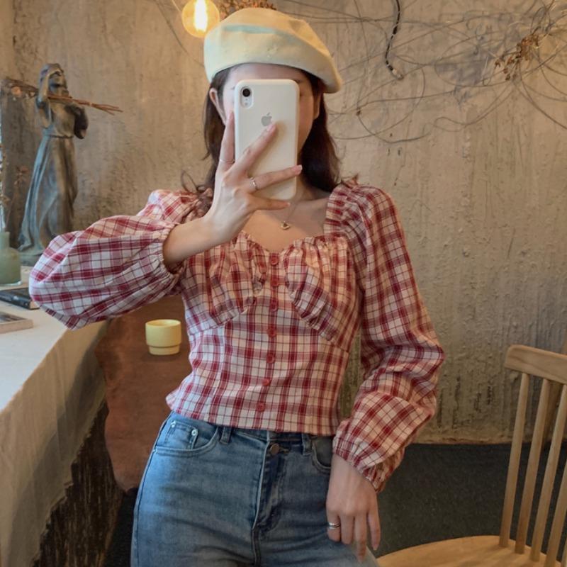 Women's Square Collar Plaid Shirt